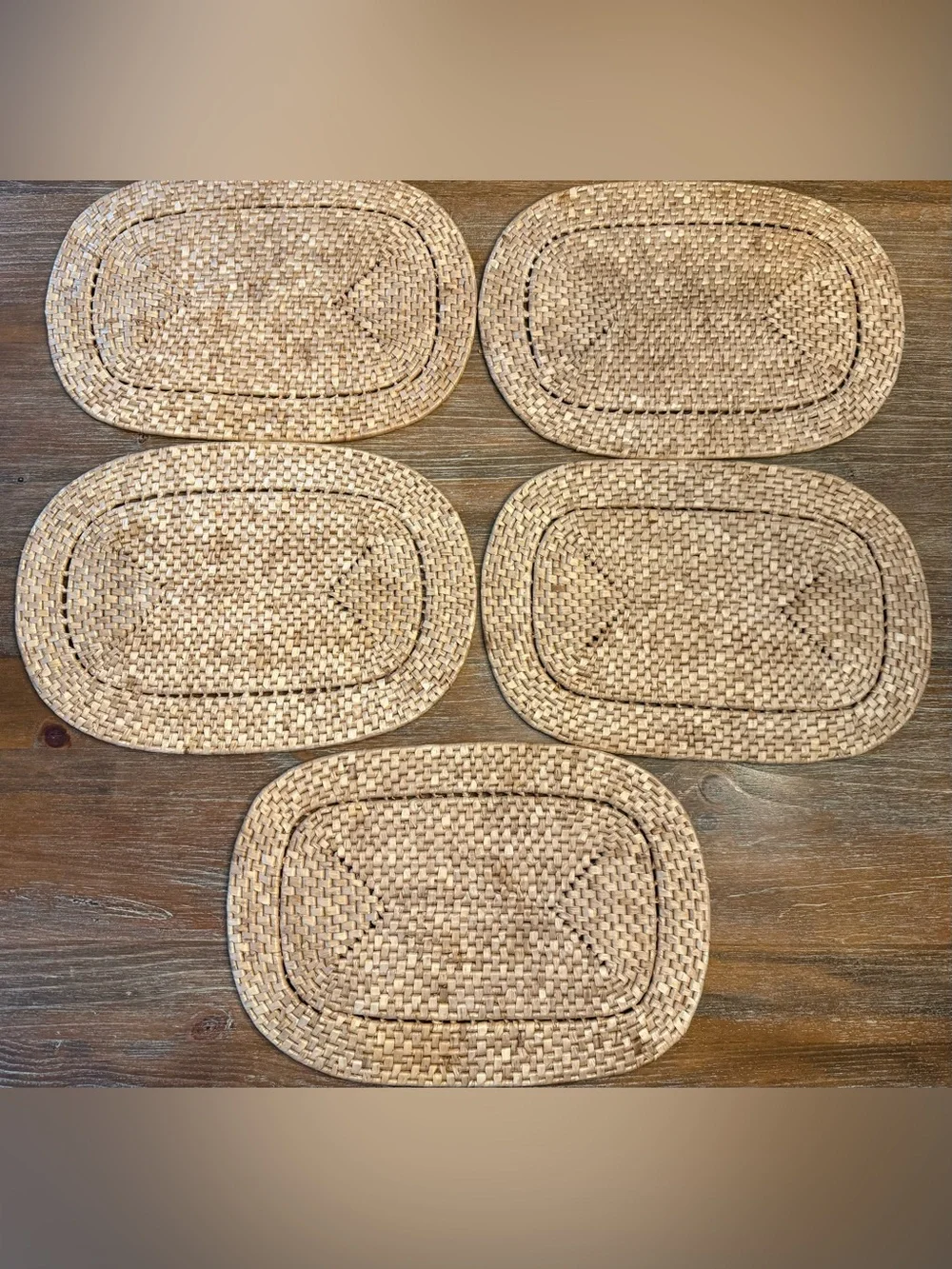 SET OF (5) WILLIAMS SONOMA NATURAL WOVEN PLACEMATS, 19x13”